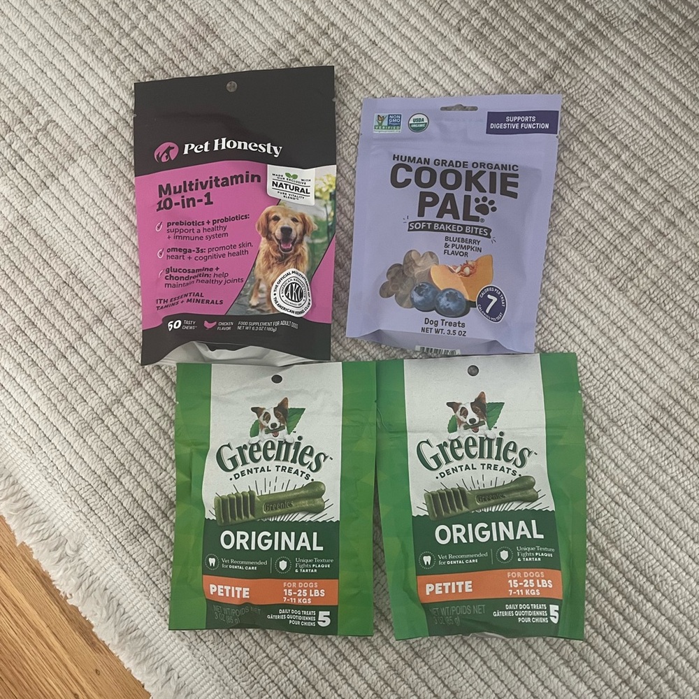 4 Bags Assorted Mix Dog Dental Treats Chews - Greenies Cookie Pal Pet Honesty